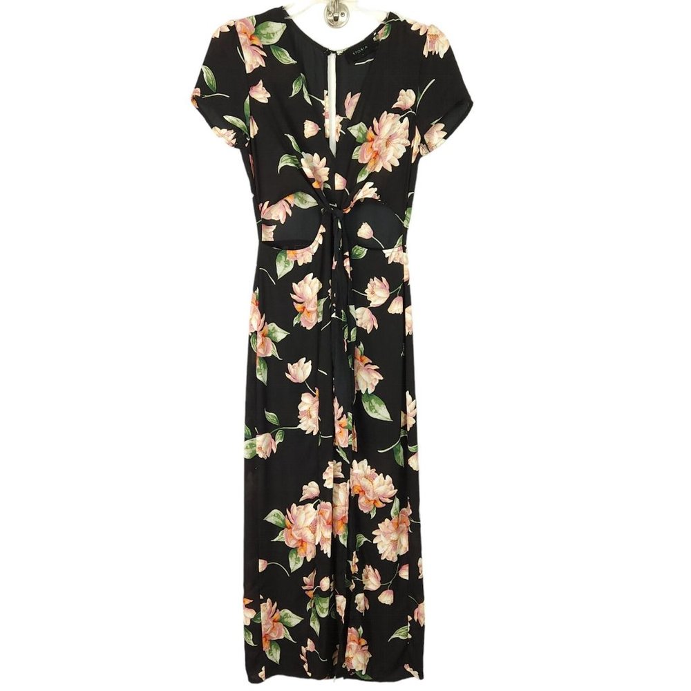 Storia Womens Midi Dress Size S Black Pink Floral Waist Cut Outs Keyhole Back
